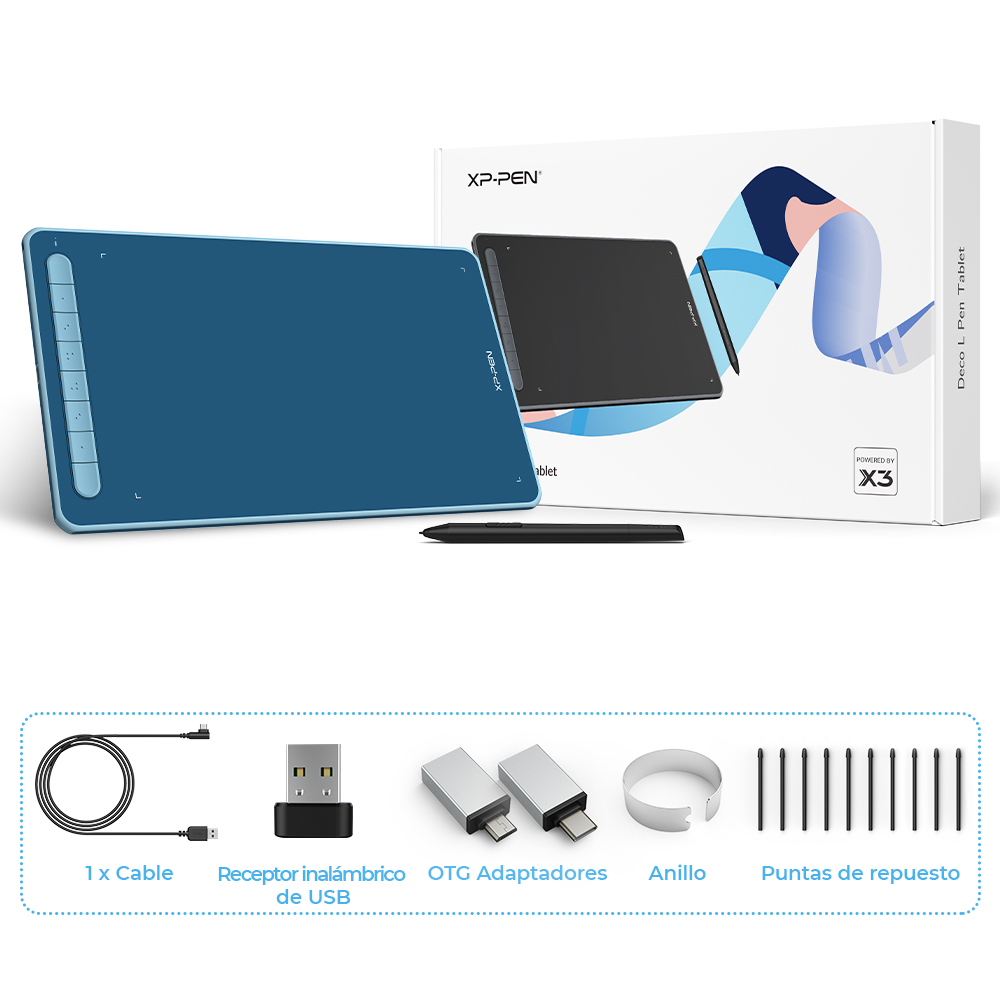 Gran cantidad de accesorios para completar el kit de la Deco LW de XP-Pen