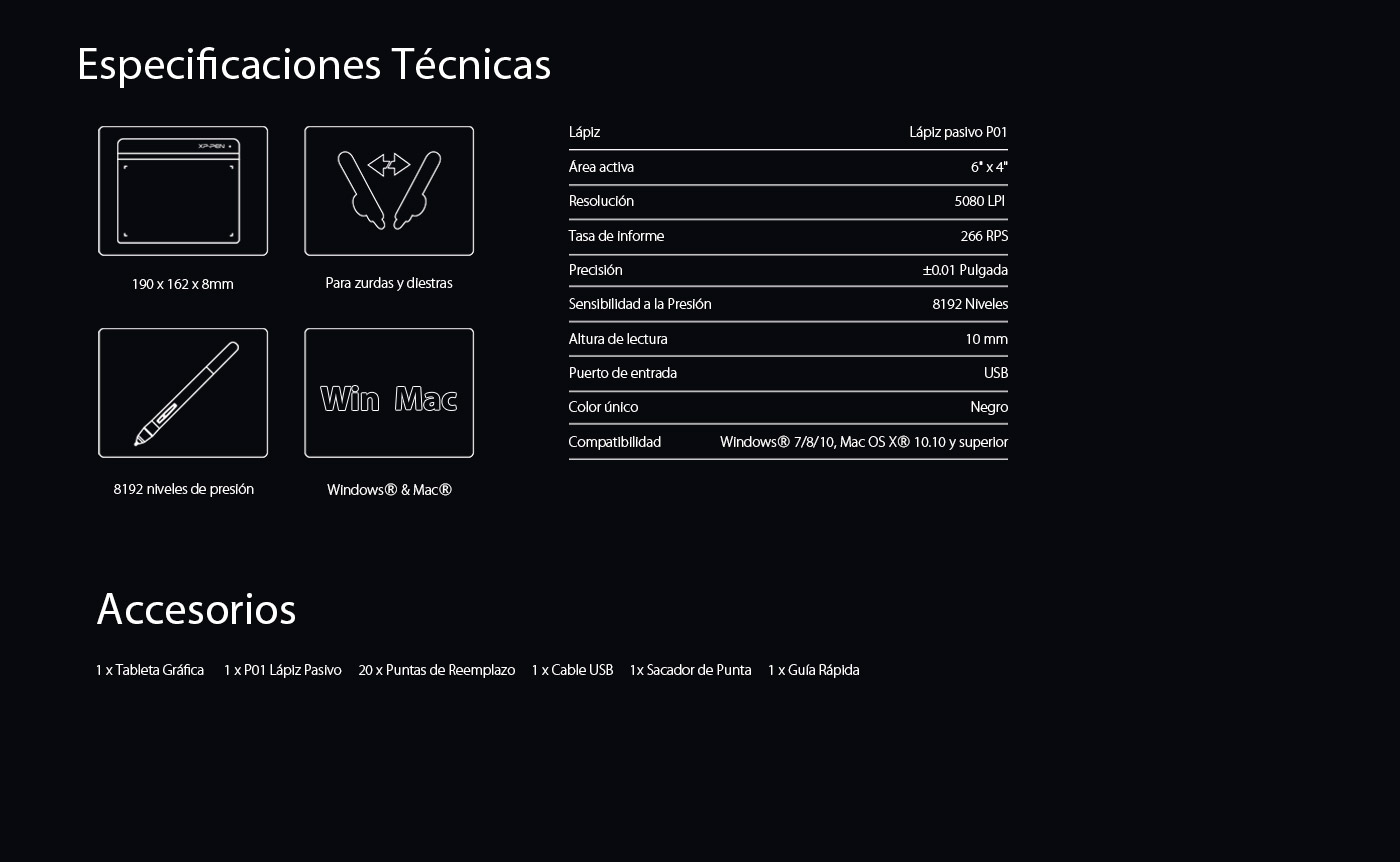 Especificaciones de pantalla gráfica XP-Pen Star G640