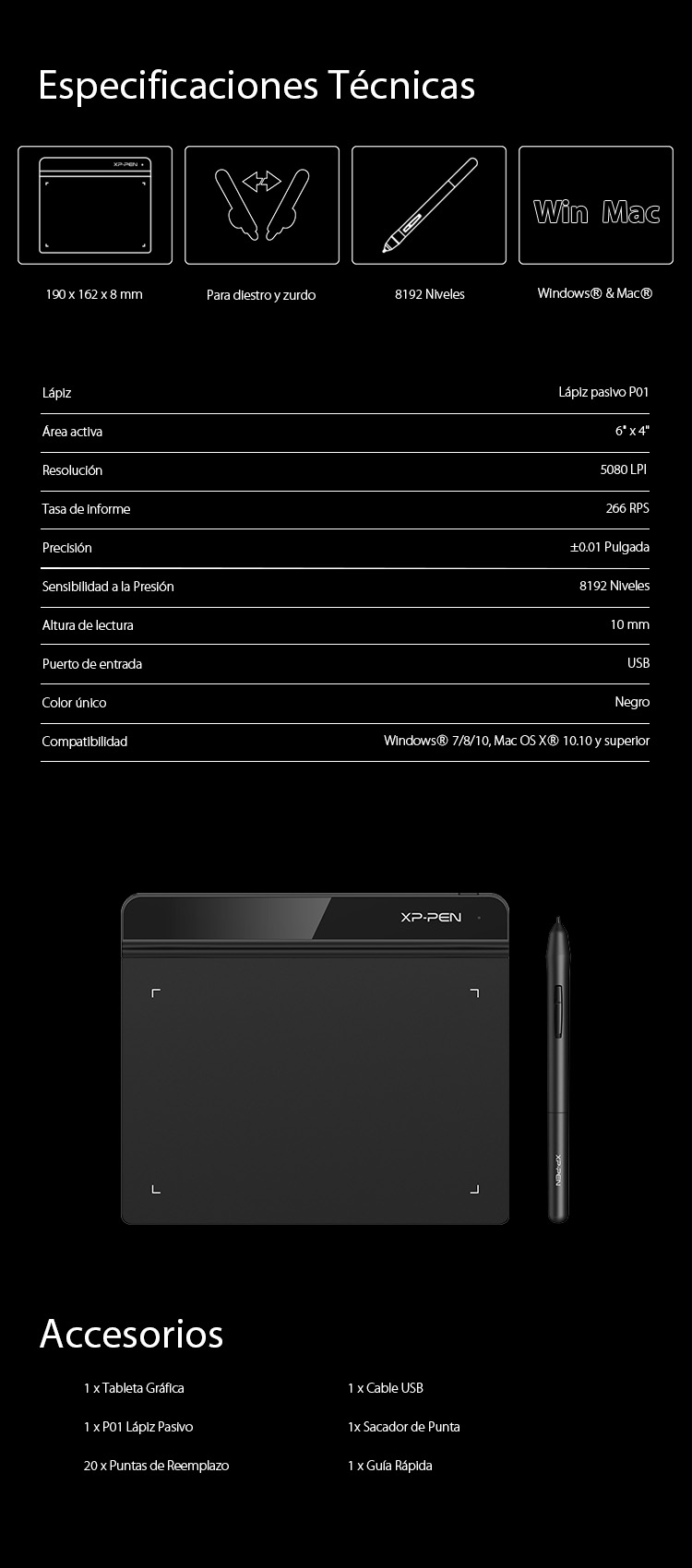 Especificaciones de pantalla gráfica XP-Pen Star G640